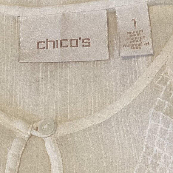 Chico's Cotton Gauze Embroidered BOHO Peasant White Noise Top Sz 1 (M/8) #283B - Picture 7 of 9